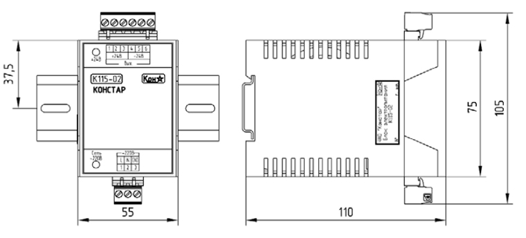 Габаритные и установочные размеры блока К115-02